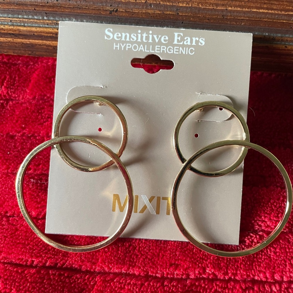 Mixit Gold Tone Double Hoop Drop Earrings Hypoallergenic Sensitive Ears‎ NEW